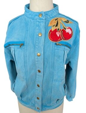 ELF SACK Turquoise Cotton Denim Jacket With Embroidered Cherries. Medium.